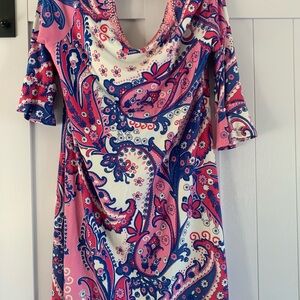 Joyous & Free Pink Blue Paisley Dress Beaded Neckline Boho Off Shoulder L